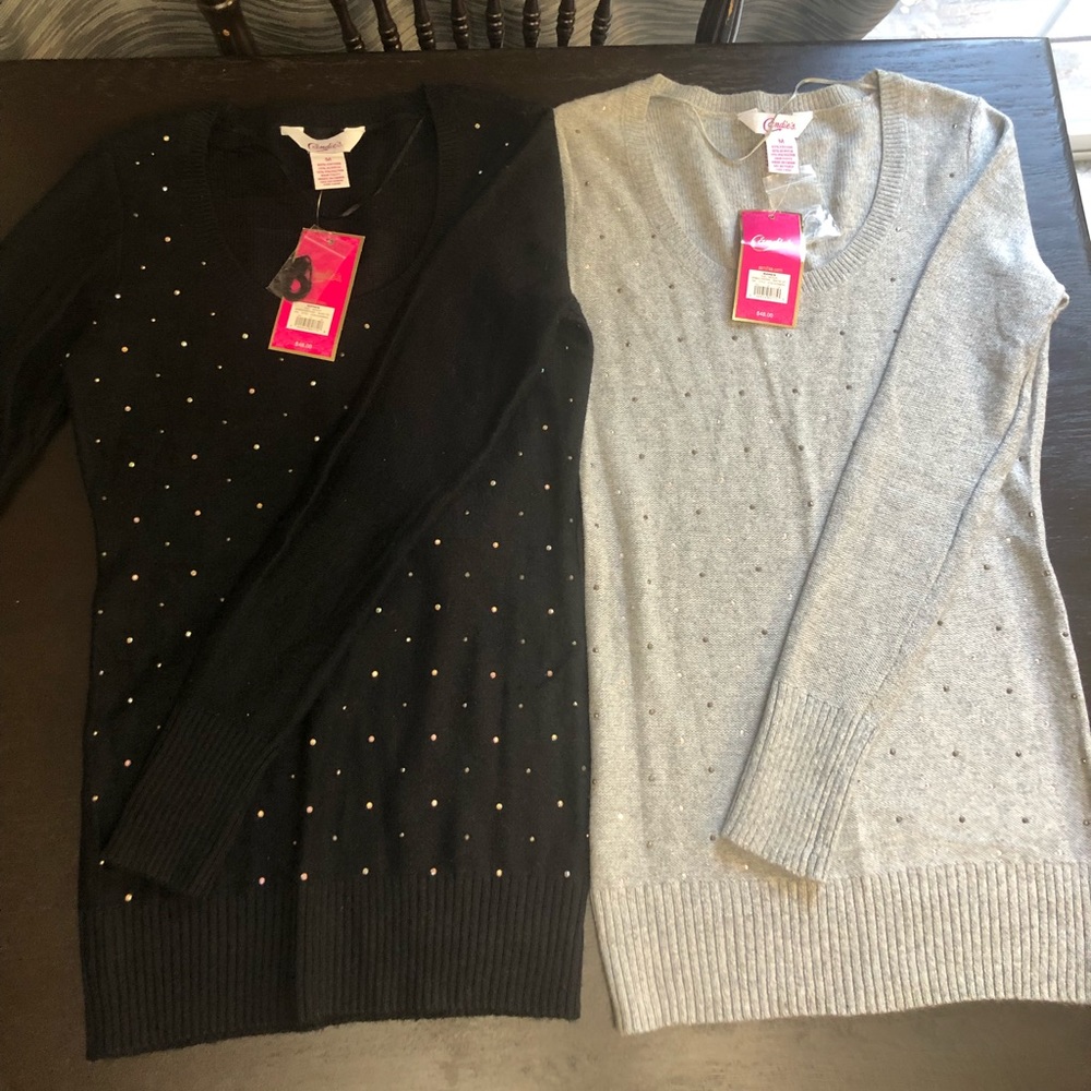 2 Women’s Candies rhinestone sweaters. Black and gray. Never worn NWT